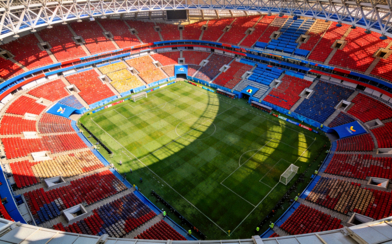 世界杯足球比赛场馆鸟瞰图，展示绿色草坪和观众席